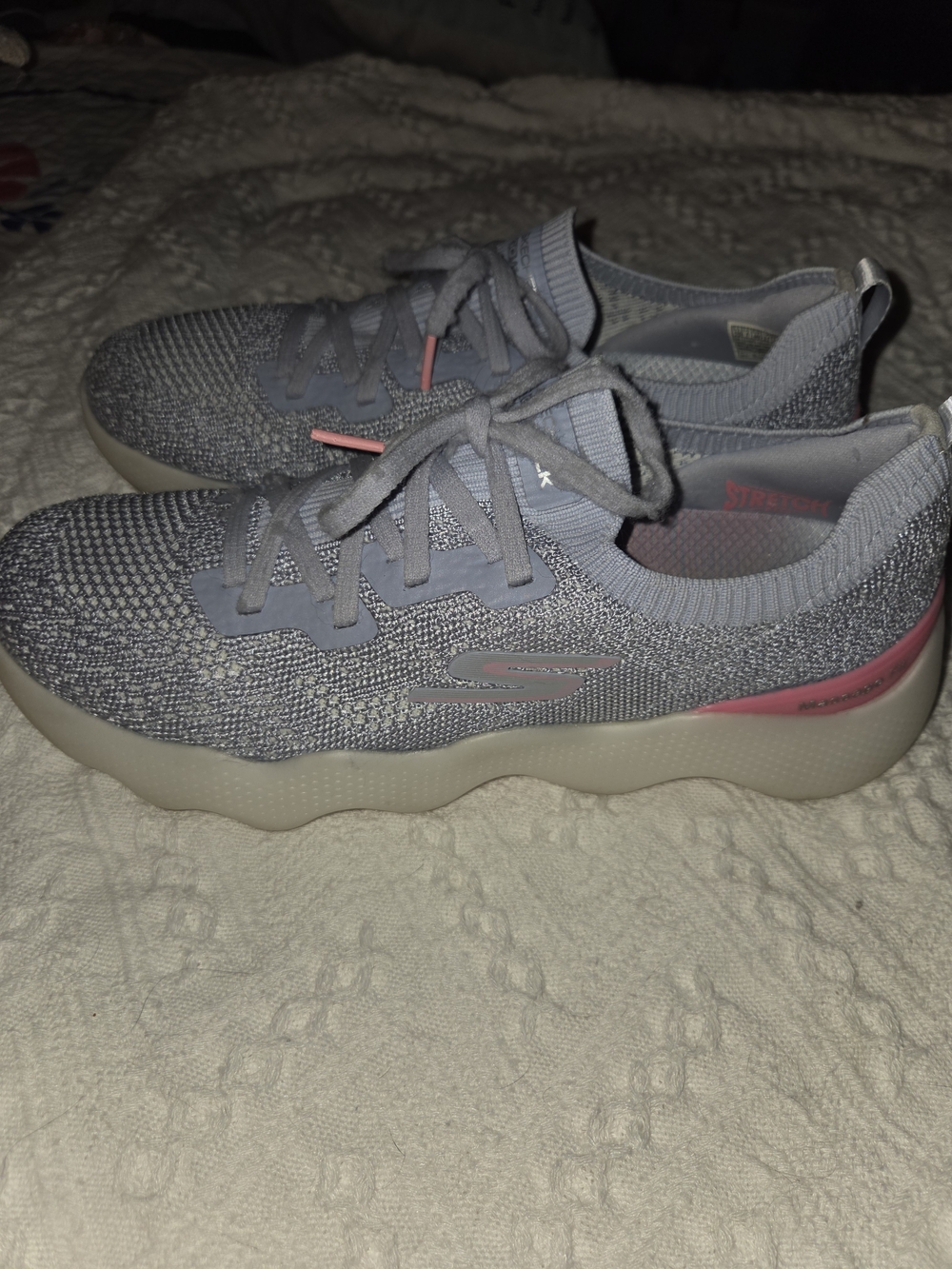 Skechers Women's Gray Knit Slip-On Walking Shoes with Pink Accent